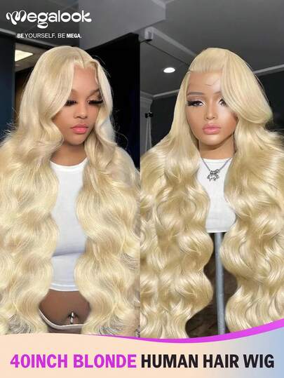 MEGALOOK 40英寸 #613 金色超长假发，波浪卷发，100%真人发丝 - 13x4蕾丝前假发，36-40英寸长，预先拔毛，自然发际线，金色透明蕾丝假发，可染色 - 自然美观，适合日常佩戴，可打造办公室、僵尸新娘、万圣节、派对、Y2K、坏女孩、度假、户外、角色扮演、校园、学校假期、圣诞节、派对、婚礼、节日等各种场合，适合女性佩戴。