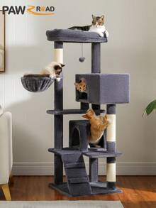 PAWZ Road Cat Tree For Large Cats With Extra-Large Top Platform, [56.3"=143cm] Tower For Indoor Cats With Hammock And Sleeping Bag, Cat Shelves With Scratching Posts And 2 Houses - Màu xám đen - Xem 2