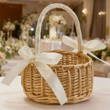 Cesta de flores tejida, elegante, rústica, con lazos, de gran capacidad, ligera y portátil para almacenamiento. - Blanco - Ver 5