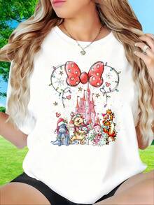 Disney Christmas Mickey Mouse Minnie Mouse Castle T-Shirt Women Cute Cartoon Character Holiday Design White TopDisney Fun Prints, Suitable For Christmas Parties, Holiday Gatherings, Outdoor Activities, Sports, Holiday Gifts, Women's T-Shirts, 220g - 白色 - 查看 2