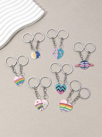 1 Pair Best Friends Unicorn & Heart Shaped Keychains, Rainbow Heart, Metal Sun & Moon Couple Keychains, Graduation/Event Gifts, Everyday Use, Gifts For Best Friends, Valentine's Day Gifts