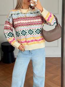 Women's Jacquard Knit Pullover Sweater, Regular Length, Slightly Stretchy, Multi-Color Floral Pattern, Casual Autumn/Winter