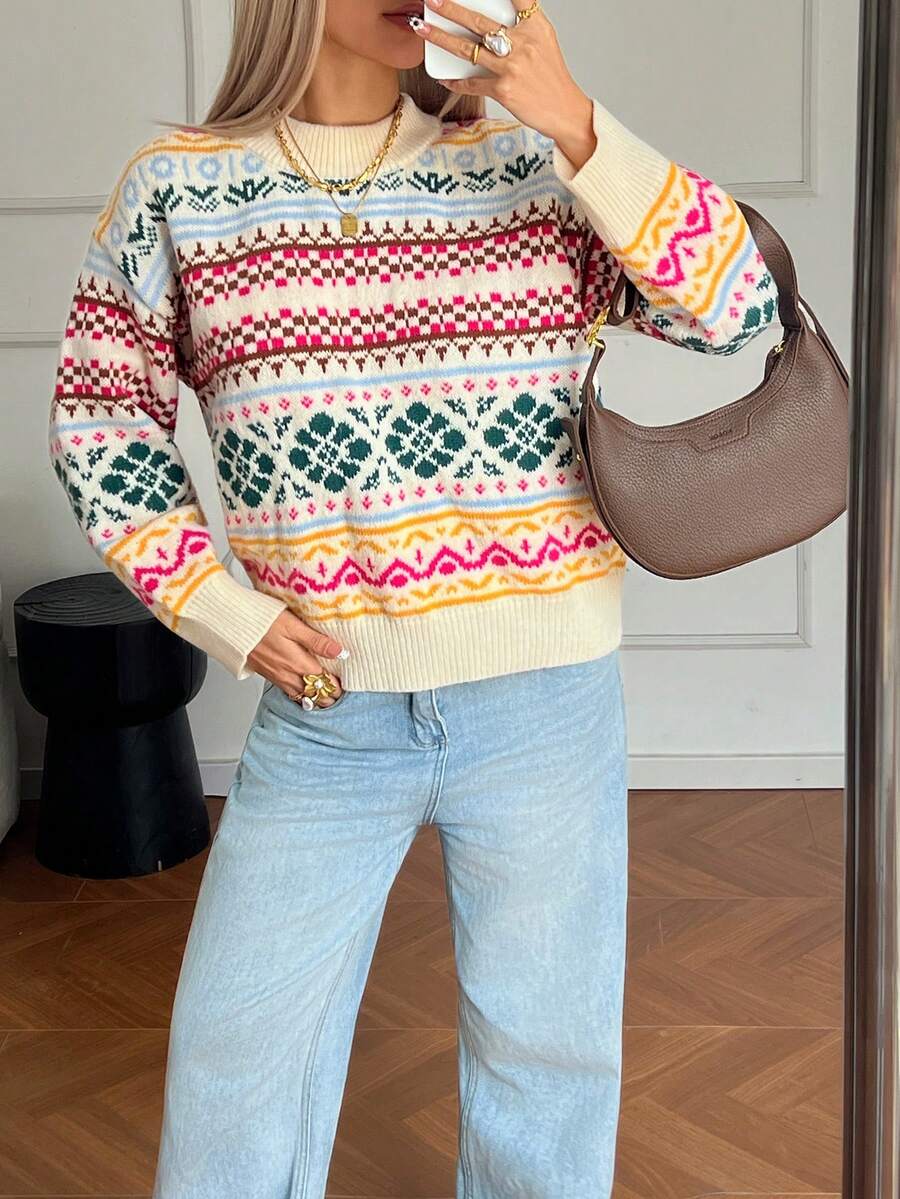 Women's Jacquard Knit Pullover Sweater, Regular Length, Slightly Stretchy, Multi-Color Floral Pattern, Casual Autumn/Winter