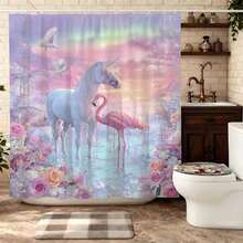 1pc Flamingo Pattern Shower Curtain Set, Pink Bird Tropical Jungle Theme Nature Decor Fabric Bathroom Curtain With Hooks, 72 X 72 Inches, Polyester Material