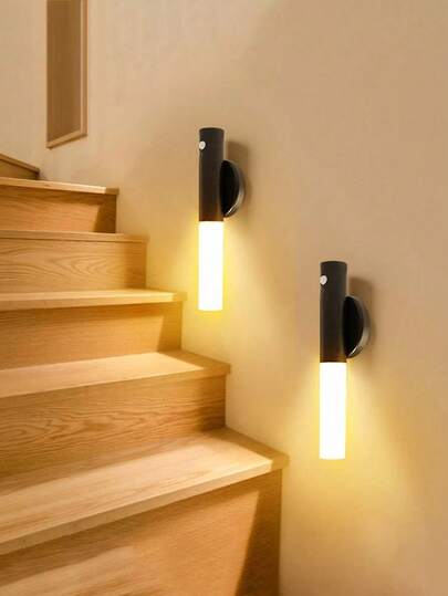 1pc Smart Sensor Night Light, Motion Sensor Wall Lamp, Faux Wood Grain, Rechargeable LED Corridor Wall Light, Plastic Material, USB Charging, Suitable For Bathroom, Toilet, Hallway, Bedroom, Wardrobe, Table, Staircase, Cabinet, Battery Capacity: 300mAh