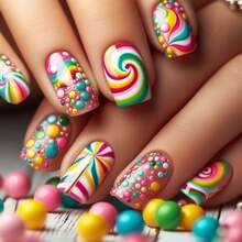 24pcs, Rainbow Candy Bean Wearable Nail Art Tips, Removable False Nail Tips - 1 - Xem 1