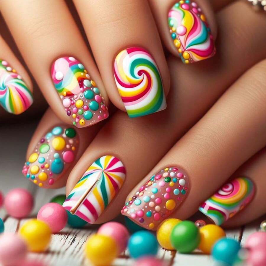 24pcs, Rainbow Candy Bean Wearable Nail Art Tips, Removable False Nail Tips - 1 - Xem 1