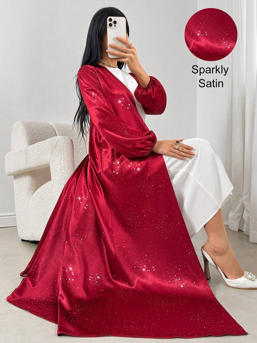 女士闪亮灯笼袖长款宽松红色缎面阿拉伯长袍，适合派对、新年、情人节等场合，优雅优雅。 - 酒紅色 - 查看 1