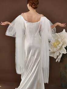 1 Pair Elegant Flowing Long Bridal Gloves And Shawl; Exaggerated Bow Shoulder Sleeves, Suitable For Stage Performance - Beige - View 5