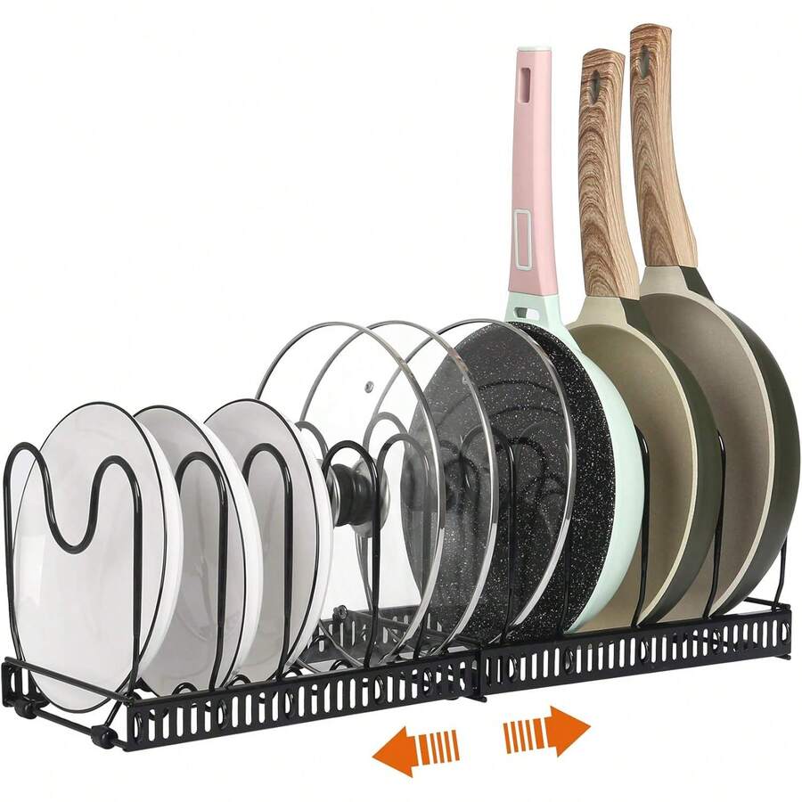 Estante para ollas: organizador extensible para armarios, soporte para tapas con 10 compartimentos ajustables para utensilios de cocina, armarios de cocina y rejillas para freír. - Negro - Ver 1