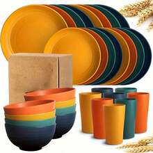 16 Piece Kitchen Wheat Straw Dinnerware Set, Service For 4, Dinner Plates, Dessert Plate, Cereal Bowls, Cups, Unbreakable Plastic Outdoor Camping Dishes - 16PCS - View 1