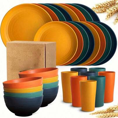 16 Piece Kitchen Wheat Straw Dinnerware Set, Service For 4, Dinner Plates, Dessert Plate, Cereal Bowls, Cups, Unbreakable Plastic Outdoor Camping Dishes