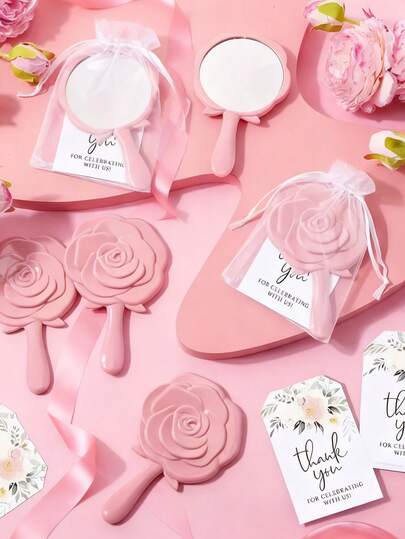 12件/4套 - 粉色玫瑰便携手持镜套装，玫瑰镜，婚礼礼品套装，粉色玫瑰化妆镜和欧根纱袋，感谢卡，小巧可爱手持镜，婚礼礼物，派对礼物，轻便易携，适合旅行、家居装饰、纪念品、生日礼物、新娘/伴娘派对礼物、婚礼礼物、派对礼物