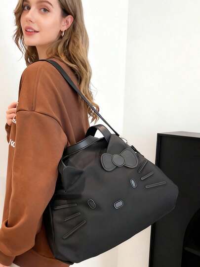 1 pieza Bolso de viaje de estilo corto con gran capacidad y diseño de Hello Kitty de Sanrio, bolso de viaje de negocios, bolso de hombro casual, bolso de mano de dibujos animados para mujer, color rosa y negro, adecuado para viajes de negocios, deportes y fitness, con bolsillo para etiqueta de equipaje en la parte trasera, bolso de viaje multifuncional para hombres y mujeres, opción ideal para viajes de vacaciones