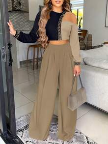 休闲修身印花长袖圆领T恤衬衫搭配梭织直筒裤女士夏季两件套 - 杏色 - 查看 6