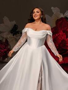 华丽大码露肩开衩大腿缎面撞色蕾丝婚纱 - 白色 - 查看 10