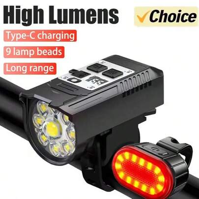1pc Type-C Rechargeable 9 LED Bicycle Light - High Brightness Night Riding Light, Waterproof And Easy To Install. Suitable For Mountain Bikes, Off-Road Bikes And Outdoor Adventures.