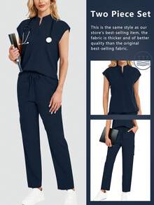 cimmuovere 女士纯色立领上衣和宽松休闲运动裤套装 - 藏蓝色 - 查看 9