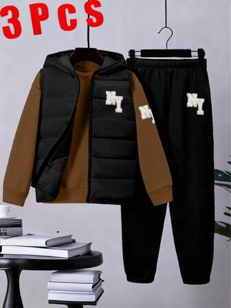 男童三件套保暖套装 - 8-12岁（抓绒背心+卫衣+裤子），秋冬季