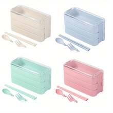 1pc 3-Layer Stackable Bento Lunch Box With Chopsticks & Spoon, Insulated Bag, Adult/School Lunch Box With 3 Compartments, Suitable For Back To School, Work, Outdoor Camping - Multicolor - View 3