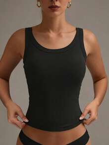 1 pieza Top de sujetador casual para mujer - Camiseta de punto de estiramiento medio adecuada para todas las estaciones - Negro - Ver 4