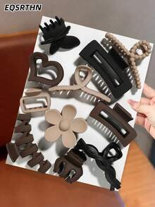 11pcs Matte Hair Clips Set, Mixed Shapes Including Heart, Flower, Rectangle In Black & Brown Colors, High-Quality Non-Slip Teeth Design, Sturdy & Hair-Friendly, Suitable For Daily, Commute, Date And Various Occasions, Suitable For Thick Hair Hair Accessories Fashion Claw Clips Elegant Hair Claws - Multicolor - View 2