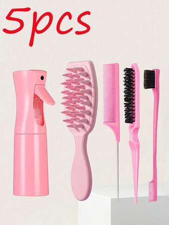 5/3-delars hårborsteset med en långskaftad silikonmassageborste för hårbotten, råttsvanskam och sprayflaska - rengör, kamma och massera hårborsten med mjuka silikontänder för hemmabruk, lämplig för alla hårtyper och resebehov.