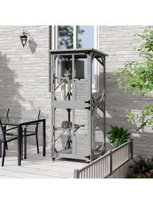 Mobile Weatherproof Catio – 70" Rolling Cat Condo With Elevated Perches, Loft Hideout, Scratching Post & Locking Wheels,Thanksgiving,Christmas Gift - 灰色 - 查看 2