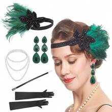 20 件女士 20 世纪 20 年代配饰套装：长袍、了不起的盖茨比风格羽毛头饰、人造珍珠项链、手套舞会万圣节