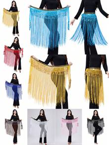 Faja de cadera con flecos largos y ribete de lentejuelas para danza del vientre de mujer, accesorio para actuaciones y práctica (disponible en varios colores) - Multicolor - Ver 7