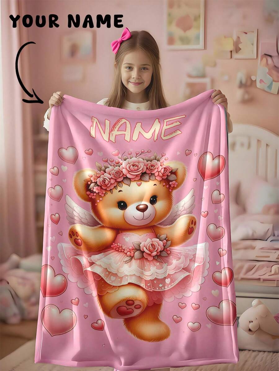 1pc Customizable Text Blanket, Teddy Bear Pattern, Personalized Blanket, Personalized Baby Blanket, Newborn Blanket, Suitable For Mother's Day, Birthday, Children's Day, Father's Day, Graduation, Christmas, Halloween, Applicable To Home Sofa, Bed, Car, Bedroom, Living Room, Sofa Blanket, Children's Blanket