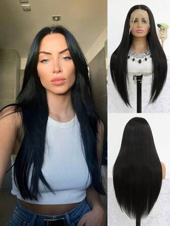 Black 13X4 Lace Front Wig Straight Synthetic Lace Frontal Wigs Heat Resistant Fiber HD Lace Wigs Pre Plucked Daily For Women 24 Inch