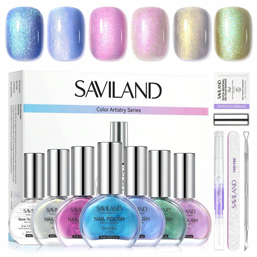 SAVILAND Color Artistry Quick-Drying Nail Polish Set: 12 Free Nail Polishes, Beginner-Friendly Fingernail Polish With 3-In-1 Nail Polish And Nail File For Women And Girls, Gifts, 6 Colors - 彩色 - 查看 1