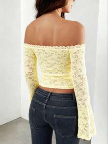 GAOVOT 女士秋季 Y2K 性感修身单肩长袖蕾丝衬衫 - 黃色 - 查看 2