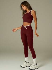 UONNOU مجموعة رياضية للنساء تتكون من 2 قطعة، ملابس علوية بدون أكمام وسروال ضيق، تتميز بتصميم رفع الأرداف على شكل خوخ وخصر ضيق، قماش ناعم ومريح، مناسب للتنس والجولف والريشة والكرة والرياضات الأخرى كاليوغا والبيلاتس والتمارين الخفيفة والجيم والجري والأنشطة الخارجية والتنقل والعمل والتسوق وأوقات الرياضة المختلفة، مجموعة رياضية عصرية بدون غرز، مناسبة لجميع الفصول - عنابي اللون - مشاهدة 11