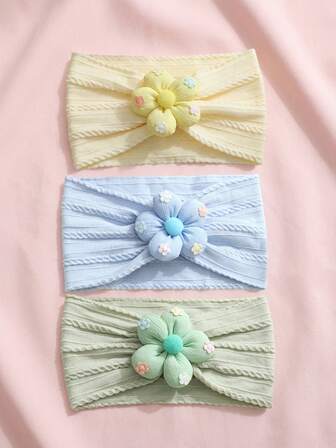 3pcs/Set Baby Headbands With 3D Flower & Colorful Floral Decor, Multi-Layer Knitted Headwraps For Newborn Daily Outfits