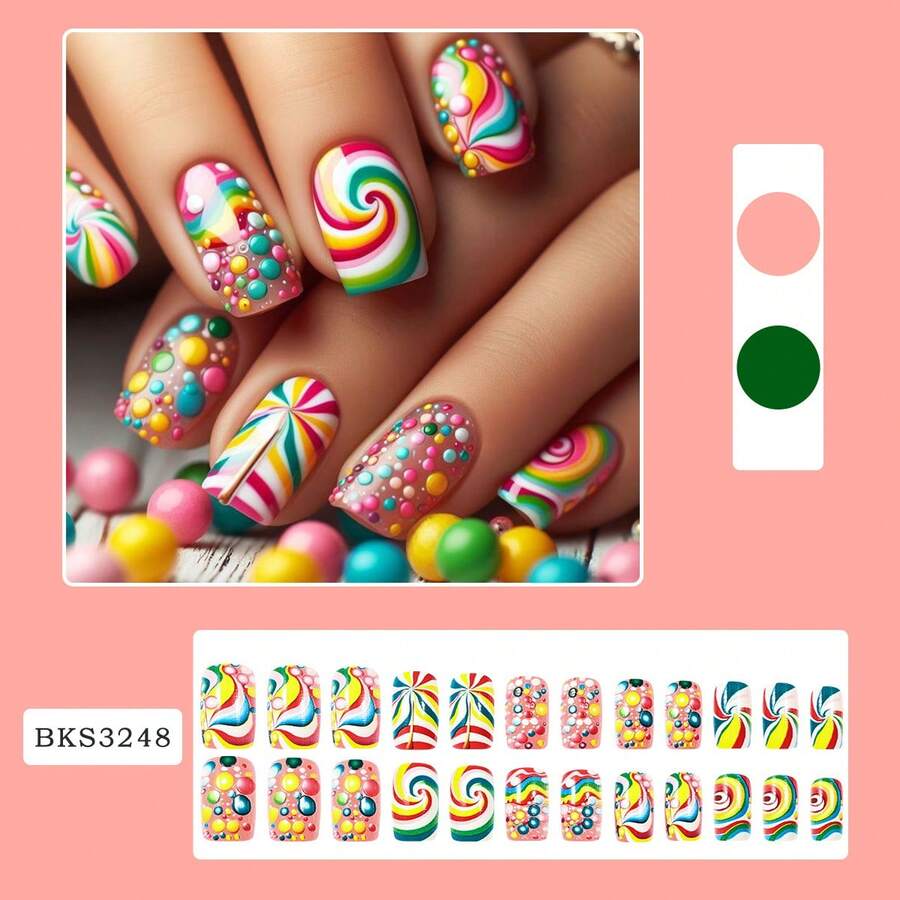 24pcs, Rainbow Candy Bean Wearable Nail Art Tips, Removable False Nail Tips - 1 - 查看 1