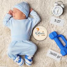 Bộ 7 món đánh dấu cột mốc phát triển hàng tháng 3D cho bé, bao gồm biển báo "Xin chào thế giới" cho trẻ sơ sinh, đĩa thông báo tuổi của bé, thẻ ảnh đánh dấu cột mốc bằng gỗ, màu xanh lam nhạt, từ 1-12 tháng, thích hợp làm quà tặng tiết lộ giới tính cho trẻ sơ sinh. - Màu gỗ - Xem 5