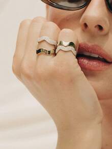 独特优雅的925纯银首饰，镶嵌圆形立方氧化锆，光滑波浪形多层戒指，专为女孩设计 - 鋯環 - 查看 10