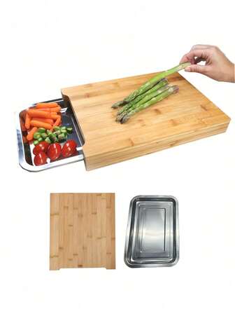 Bamboo Cutting Board With Pull-Out Stainless Steel Tray - High-Quality Kitchen Chopping, Dicing And Carving Board, Durable Food- Design, Hidden Storage Compartment, Material, Cutting Board