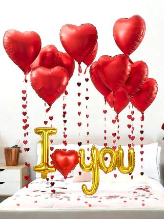 11pcs Valentine's Day Theme Balloon Set, Includes Red Heart Shaped And Connected I Love You Foil Balloons, Suitable For Valentine's Day, Proposal, Anniversary, Party Themed Events, Creating Romantic Atmosphere For Valentine's Day, Proposal, Confession, Anniversary, Birthday, Wedding Party, Photo Booth Props