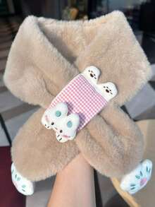 1条女孩可爱毛绒兔子卡通围巾 - 加厚保暖动物围巾，柔软蓬松的颈部保暖套，适合秋冬季户外活动，儿童上学围巾，朋友礼物