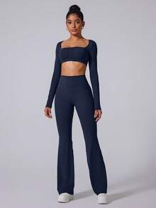 MASKERT Women's Yoga Tight Flared Pants With High Elasticity, Comfortable And Skin Friendly Casual Pants, Yoga Pants - 藏蓝色 - 查看 5