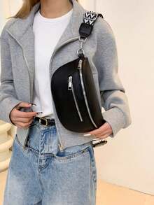 纯色PU女士腰包复古时尚胸包腋下包休闲单肩斜挎小包百搭简约女士胸包春夏新款 - 黑色 - 查看 4