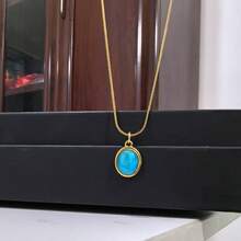 1pc Minimalist Faux Cat's Eye Stone Oval Pendant 18K Gold Plated Stainless Steel Necklace, Suitable For Women's Daily Wear - Oval Necklace - View 3