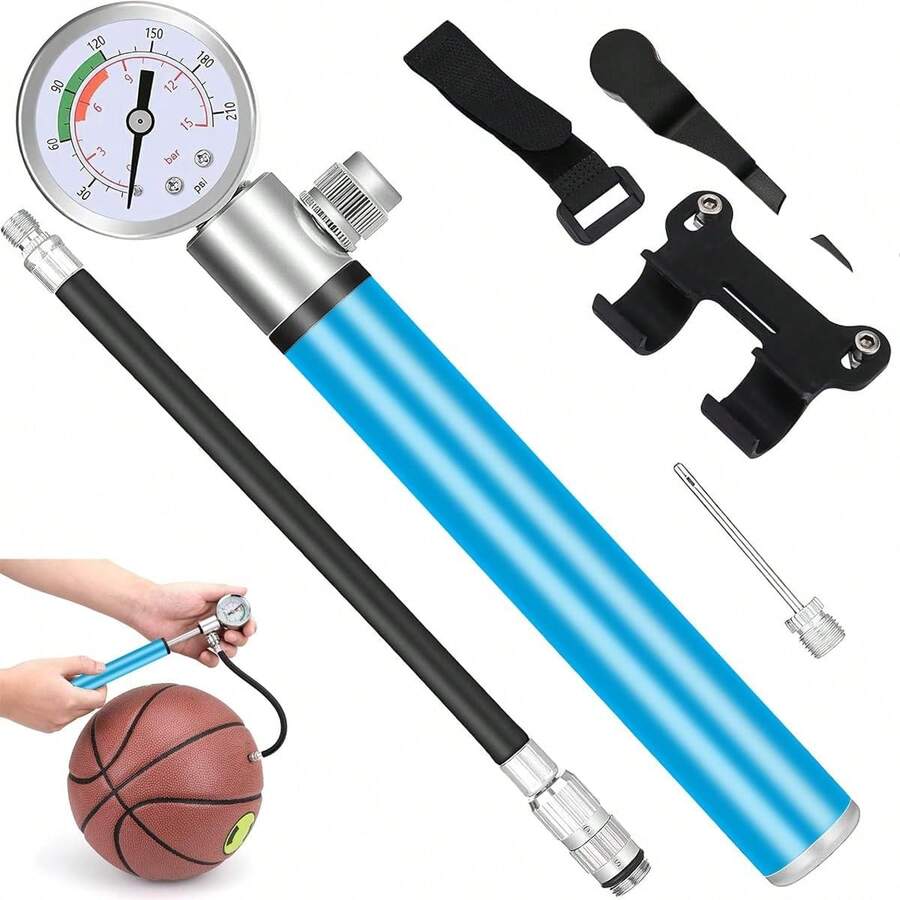 Bomba de Bicicleta con Manómetro,Bomba de Bicicleta portátil,Bomba de Aire de Alta presión de 120PSI con Soporte de Montaje,Bomba de Bola con Aguja,para Infla Neumáticos,MTB - azul - Ver 1