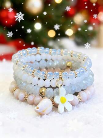 Set de 4 piezas de pulsera con flores de concha con cuentas, de moda, adecuado para uso diario, citas, fiestas, regalo de Navidad para tu pareja