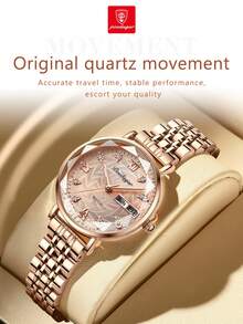 POEDAGAR 1款时尚女士玫瑰金不锈钢防水夜光日期显示腕表，饰有图案表盘和水钻，优雅石英表，适合日常佩戴和正式场合，女士礼物