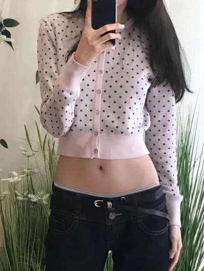 可爱圆点针织开衫、修身毛衣、女式长袖上衣