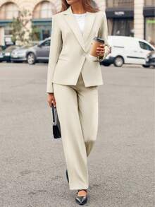 Casly Lamiit Women Plain Long Sleeve Suit Collar Regular Top And Pants Set Elegant Composite Fabric Suit With Pockets - 米色 - 查看 1